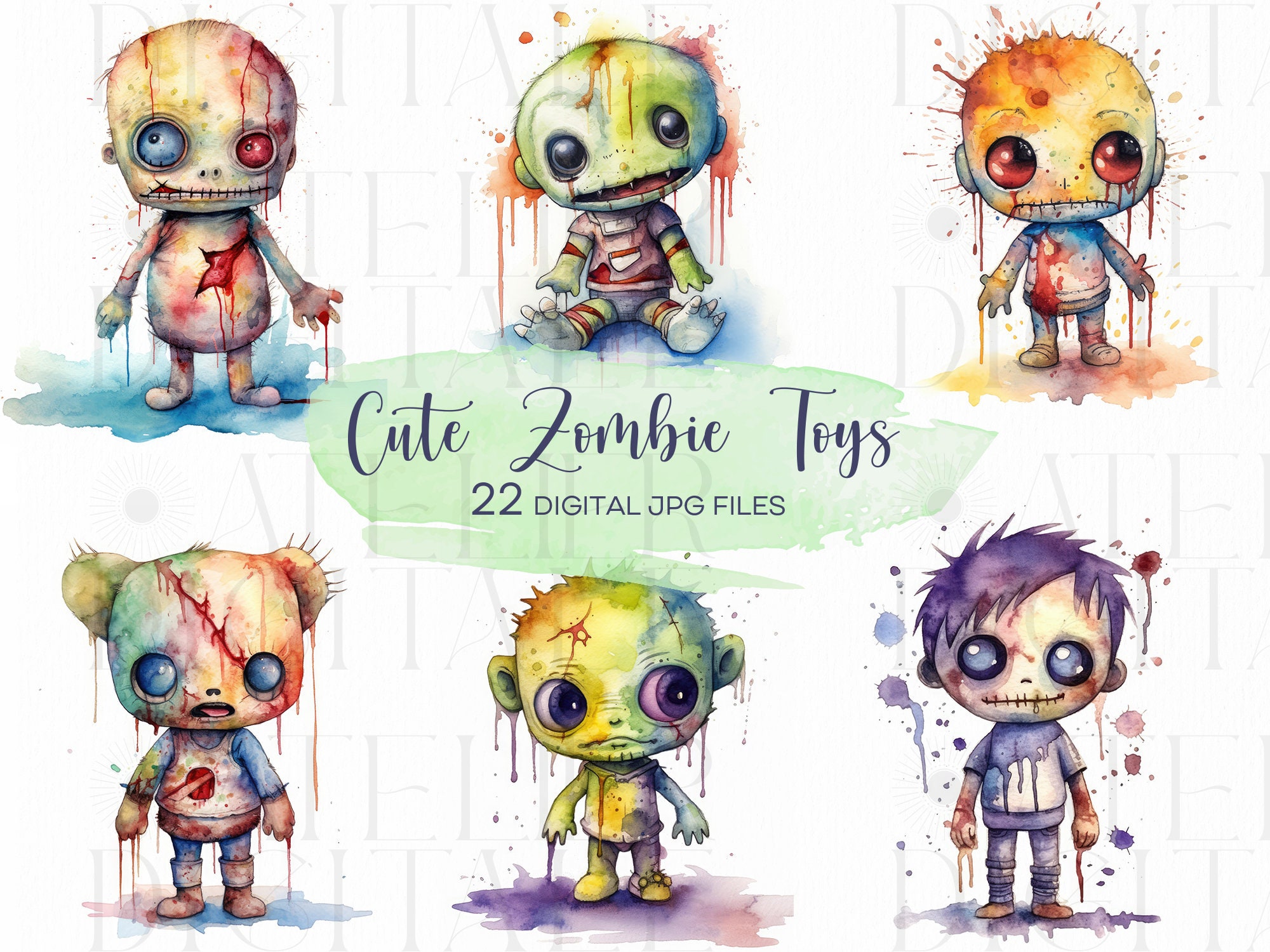 Cute Zombie Toys Clipart Zombie Watercolour Clipart Bundle