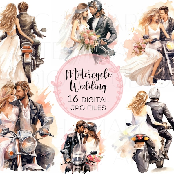 Bride and Groom Motorcycle Wedding Watercolor Clipart, Wedding Romantic clipart, Digital Download, Scrapbook Card Making, Commercial Use