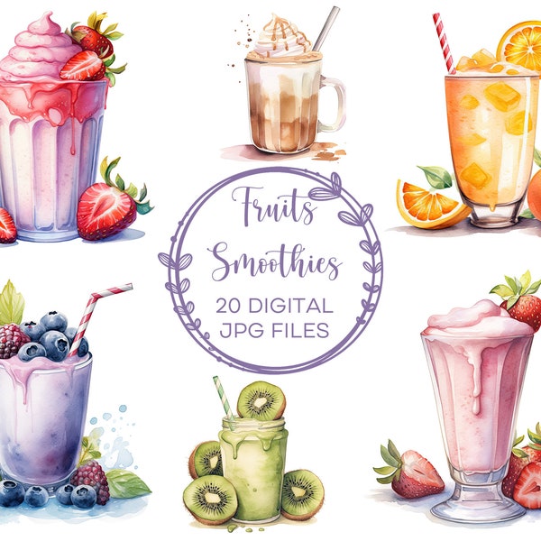 Watercolor Smoothie, Clipart Illustrations with Commercial License, Digital Download, Fruit, Summer, Beverage, Food, Drink, Hand-painted