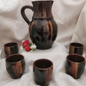 Vintage Traditional Bulgarian ceramics Troyan Set Garafa for wine/water and 5 glasses Hand made Bulgaria 1975