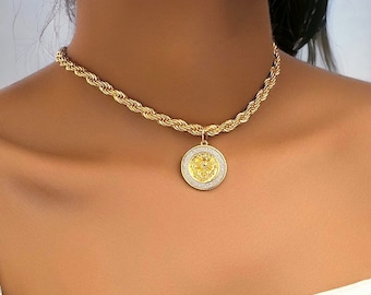 Gold Chunky Vintage Necklace with Rhinestone Gold Coin Pendant, Gifts for Her, Jewellery For Her, Statement Necklace