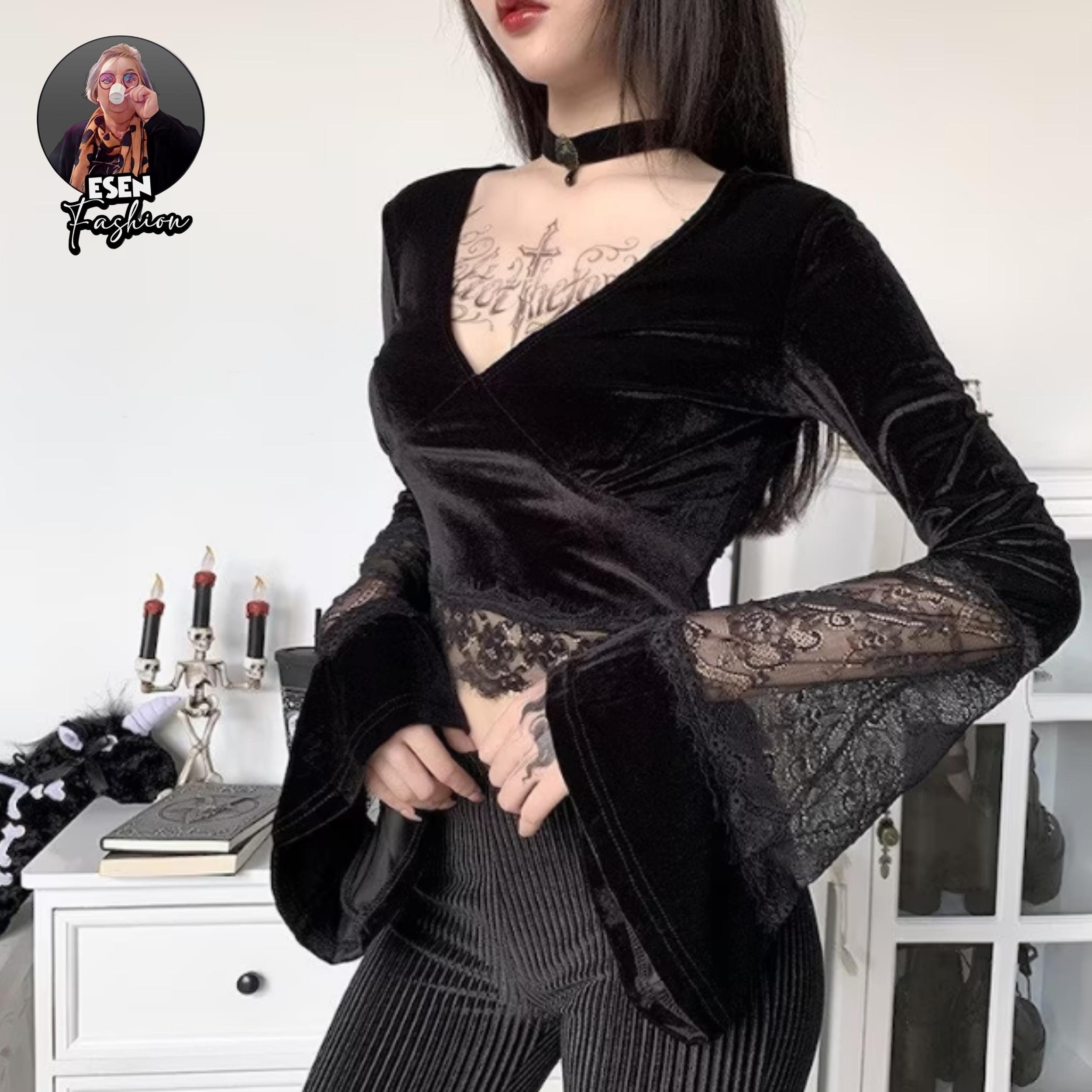 Cheap Gothic Clothes V Neck Lace Flare Sleeve Tee Women See Through Mall  Streetwear Emo Crop Top Punk Grunge Fashion Sexy Tops