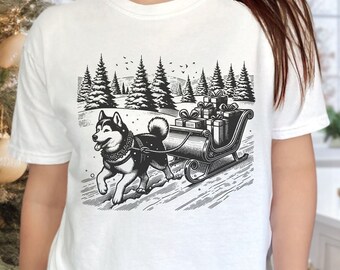 Christmas Husky Shirt, Comfort Colors Husky Sleigh T-Shirt, Husky Dog Lover Shirt, Christmas Siberian Husky Dog Shirt, Trendy Winter T-Shirt