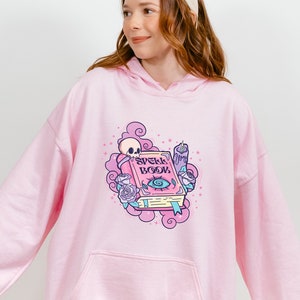 Book Lover Halloween Sweatshirt - Creepy Cute Gift for Her, Pink Harajuku Witchy Hoodie, Kawaii Pastel Goth Clothing, Magical Skull Clothes