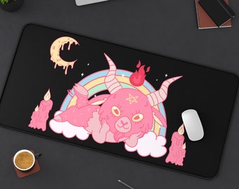 Baphomet Kawaii Desk Mat, Gothic Gaming Desk Mat, Creepy Cute Mouse Pad, Pastel Goth Desk Decor, Harajuku Witchy Mat, Pastel Halloween Decor