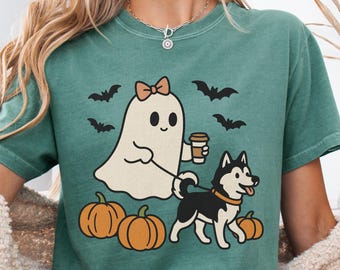 Halloween Husky Shirt, Comfort Colors Ghost Dog Shirt, Halloween Siberian Husky Mama T-Shirt, Spooky Season Shirt, Fall Husky Dog Mom Gifts