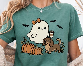 Long Haired Dachshund Shirt, Comfort Colors Halloween Dachshund Tee, Ghost Doxie T-Shirt, Pumpkin Sausage Dog Tee, Fall Wiener Dog Mom Gifts