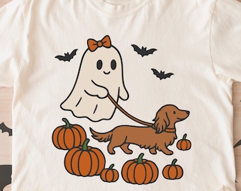 Dachshund Halloween Shirt, Comfort Colors Ghost Dog Shirt, Long Haired Dachshund Mama Gifts, Fall Doxie Dog Tee, Cute Wiener Dog Mom Gift