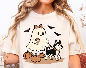 Halloween Husky Fall Shirt, Comfort Colors Ghost Dog Shirt, Halloween Siberian Husky Mom Tee, Spooky Season Dog Shirt, Husky Dog Mama Gift