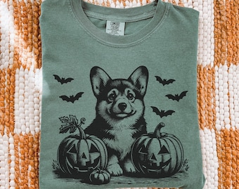 Corgi Halloween Shirt, Comfort Colors Halloween Corgi Fall Shirt, Dog Lover Shirt, Thanksgiving Corgi Mom Gift, Cute Corgi Pumpkin Tee