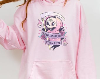 Pink Pastel Hooded Sweatshirt, Creepy Cute Harajuku Halloween Hoodie, Oversized Pastel Goth Clothing, Kawaii Witchy Halloween Sweatshirt