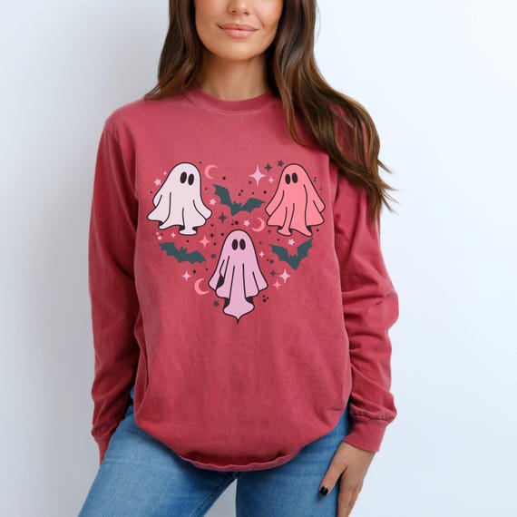 Long and Short Sleeve Ghost Shirt, Comfort Colors Pink Halloween Shirt for Her, Kawaii Halloween Long Sleeve Shirt, Pastel Goth Clothing