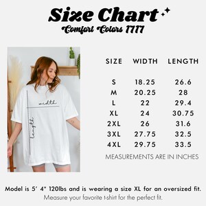 Comfort Colors t-shirt size chart with measurements in inches. The chart includes sizes S to 4XL, with width and length dimensions. A model is wearing a size XL for an oversized fit.