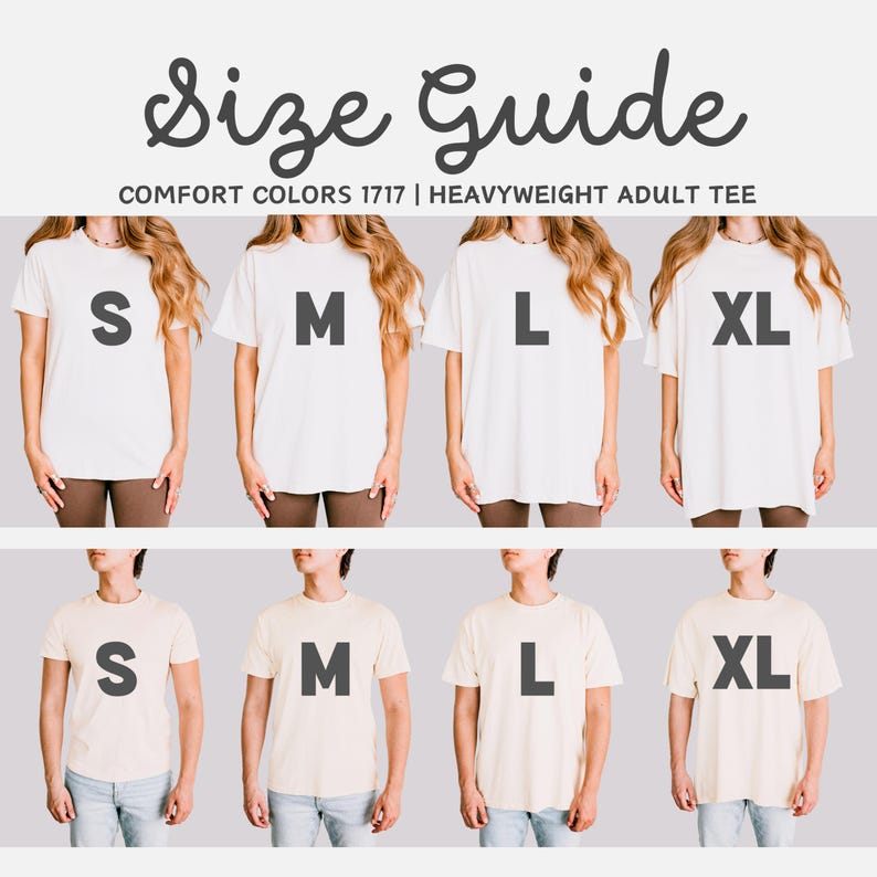 Size guide graphic featuring Comfort Colors 1717 Heavyweight Adult Tee. The image displays four t-shirts in sizes S, M, L, and XL, worn by models.