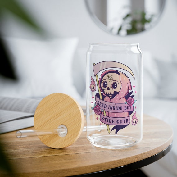 Halloween Glass Cup - 16oz Glass Cup With Lid and Straw, Dead Inside but Still Cute Gift, Pastel Goth Sipper Glass, Kawaii Iced Coffee Glass