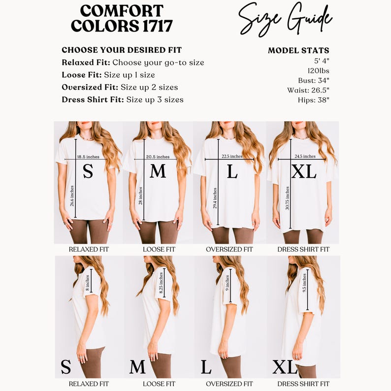 A size guide for Comfort Colors 1717 shirts.
