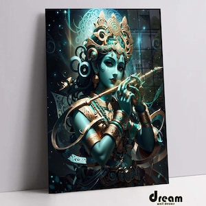 Arte de parede de vidro temperado | Arte de parede do deus hindu Krishna | Decoração de parede grande | Arte de parede abstrata | Presentes de inauguração de casa | Decoração de casa | Presente para ela