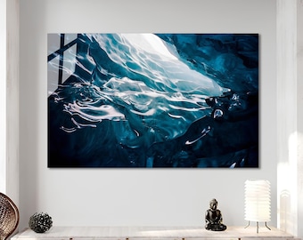 Arte mural de vidrio templado con olas del océano, decoración panorámica