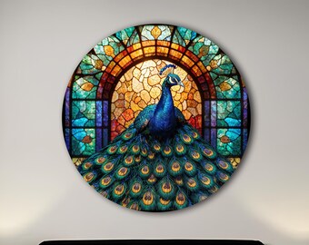 Pfau Schild, Glaspfau, Pfauenkranz Wandkunst, Gartendekoration, Türkranz, gehärtetes Glas Wandkunst