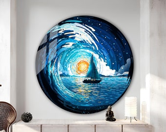 Ship Tempered Glass Wall Art | Wavy Sea Round Glass | Sunset Circle Glass | Boat Wall Art | Wall Hanging | Gift for Unisex | Ocean Round Art
