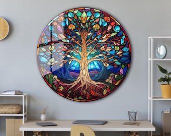 Tree of Life Stained Glass Wall Painting -Home&Office Wall Art Decor Round Wall Hangings-Stain Glass Art Deco Panel Uv Printing-Stepmom Gift