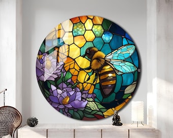 Stained Glass Wall Painting Art Work-Colored Glass Art Deco-Stain Glass Window Wall Hangings-Home Office Oversized Glass Wall Painting Round