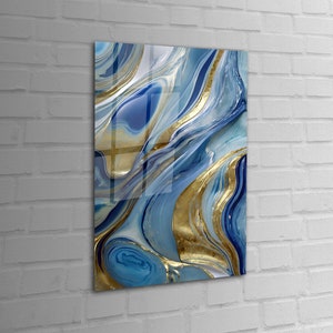 Blue Gold Abstract Marble Tempered Glass Wall Art, Blue Gold Marble Glass Wall Decor, Abstract Marble Glass Wall Hanging, Ready to Hang