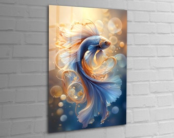 May include: A blue and orange betta fish with flowing fins swims in a blue and white background with bubbles.
