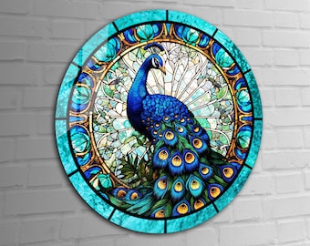 Pfau Schild, Glaspfau, Pfauenkranz Wandkunst, Gartendekoration, Türkranz, gehärtetes Glas Wandkunst
