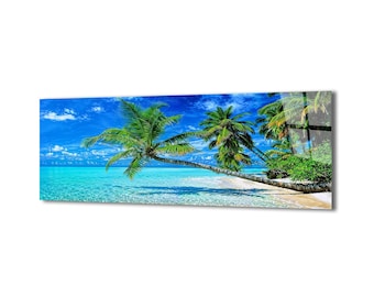 Tempered Glass Wall Art-Panoramic Wall Art-Glass Printing-Extra Large Wall Art-Mega Size Panoramic Print-Sunny Beach Wall Art-Tropical Beach