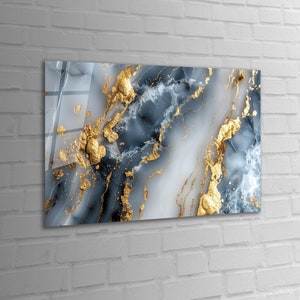 Blue Gold Abstract Marble Tempered Glass Wall Art, Blue Gold Marble Glass Wall Decor, Abstract Marble Glass Wall Hanging, Ready to Hang