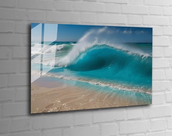 Glass Wall Art Ocean Tempered Glass Art Sea Wave Wall Hanging Blue Water Decor Large Wall Art