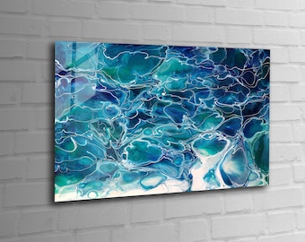 Glass Wall Art Ocean Tempered Glass Art Sea Wave Wall Hanging Blue Water Decor Large Wall Art