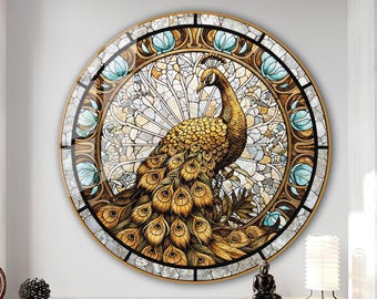 Pfau Schild, Glaspfau, Pfauenkranz Wandkunst, Gartendekoration, Türkranz, gehärtetes Glas Wandkunst