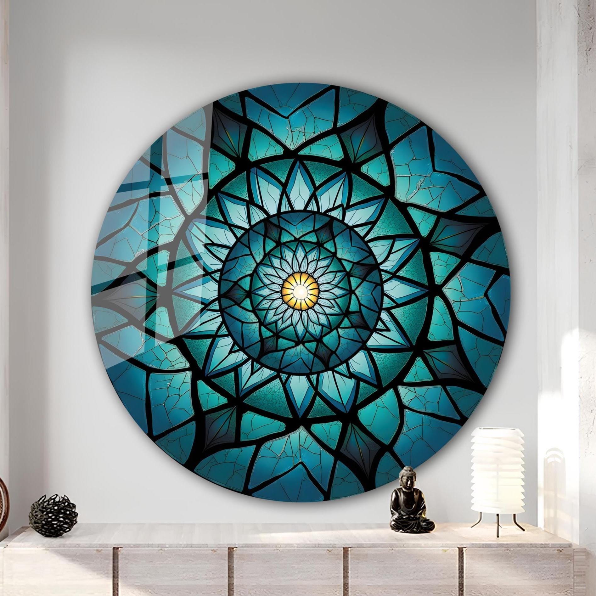 クリスマスステンドグラス モザイク風ティールフラワーウォールアート - 強化ガラスウォール