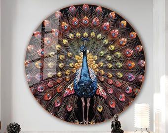 Pfau Schild, Glaspfau, Pfauenkranz Wandkunst, Gartendekoration, Türkranz, gehärtetes Glas Wandkunst