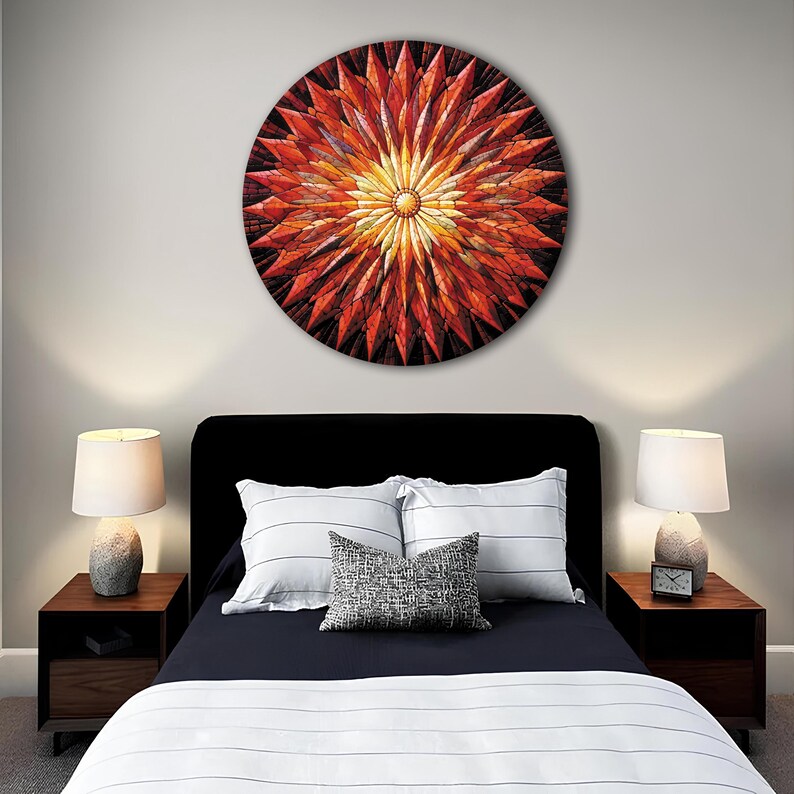 Golden Radiating Sun Round Tempered Glass Wall Art, Sun Stained Look Decor, Extra Large Wall ...