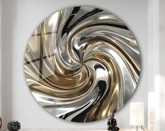 May include: A circular wall art piece featuring a swirling pattern in metallic gold, silver, and black. The artwork has a glossy finish and is mounted on a white wall. A decorative element for home decor.
