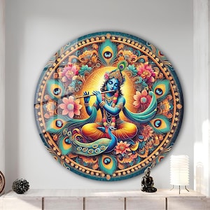 Arte de parede em vidro temperado | Arte de parede com o Deus Hindu Krishna | Decoração de parede grande | Arte de parede abstrata | Presentes de inauguração | Decoração para casa | Presente para ela