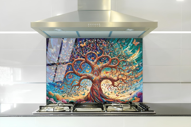 Stained Backsplash Life of Tree-solid Tempered Glass Wall Protection ...