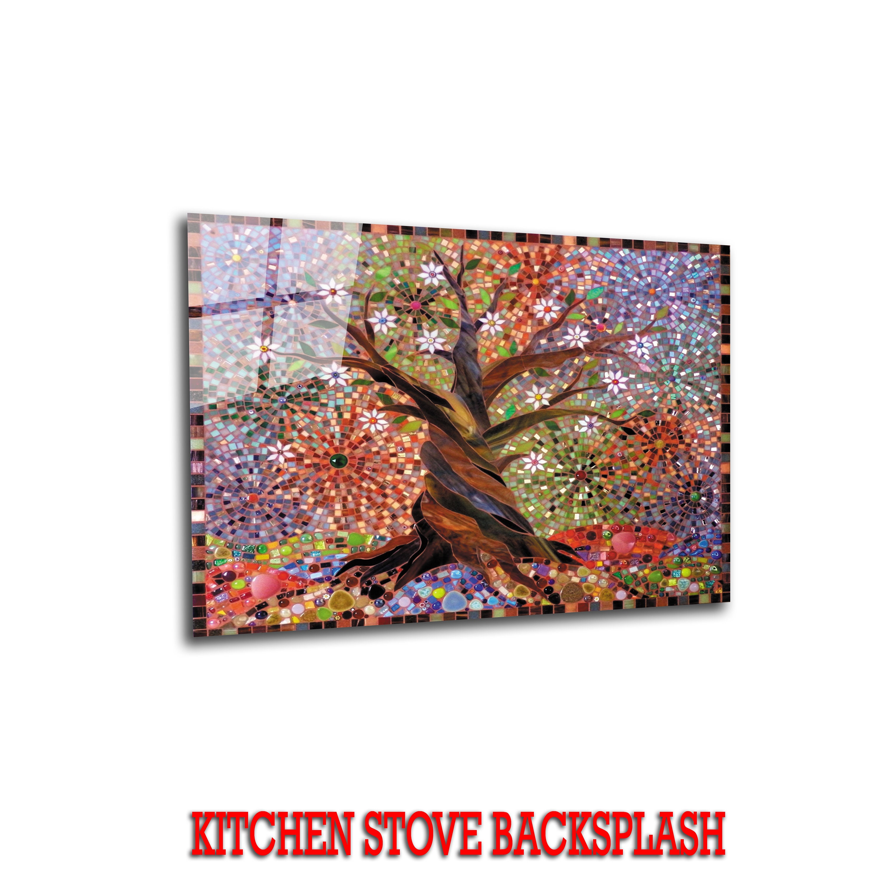Stained Backsplash Life of Tree-solid Tempered Glass Wall Protection ...