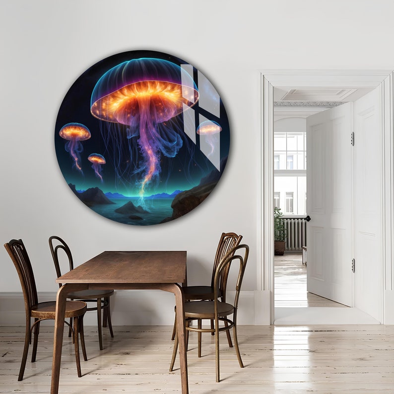 Neon Jellyfish, Glass Printing Wall Art, Glass Wall Art, Tempered Glass
