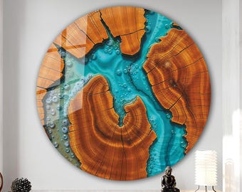 Arte de pared de vidrio con aspecto de resina azul sobre anillos de árboles, arte de pared de vidrio templado, decoración de pared de vidrio redondo abstracto, decoración de pared redonda con impresión de vidrio