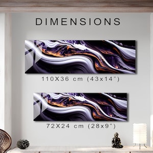 May include: Two abstract art prints with swirling purple, white, and gold patterns. The larger print measures 43 inches by 14 inches, and the smaller print measures 28 inches by 9 inches.  DIMENSIONS text is at the top of the image.