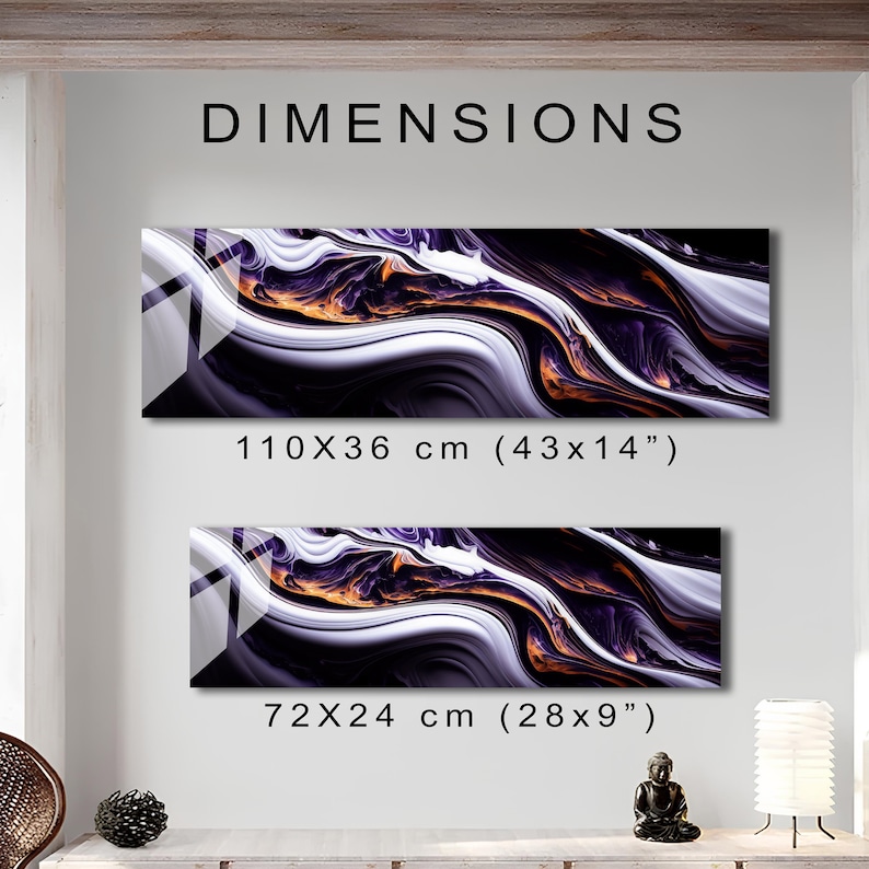 May include: Two abstract art prints with swirling purple, white, and gold patterns. The larger print measures 43 inches by 14 inches, and the smaller print measures 28 inches by 9 inches.  DIMENSIONS text is at the top of the image.