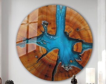 Arte de pared de vidrio con aspecto de resina azul sobre anillos de árboles, arte de pared de vidrio templado, decoración de pared de vidrio redondo abstracto, decoración de pared redonda con impresión de vidrio