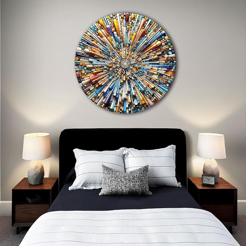 May include: A colorful circular wall art piece with a geometric design. The art is made of various shades of blue, yellow, orange, and white. The art is hanging on a wall above a bed with white and blue striped bedding.
