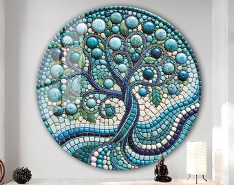 May include: A round mosaic artwork depicting a tree with a blue and teal color palette. The tree features a detailed design with leaves and fruit-like elements. The mosaic is composed of small, irregular pieces, creating a textured surface. The artwork is mounted on a white wall.