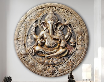 May include: A circular wall decor featuring a golden relief sculpture of the Hindu deity Ganesha, surrounded by intricate floral and geometric patterns.