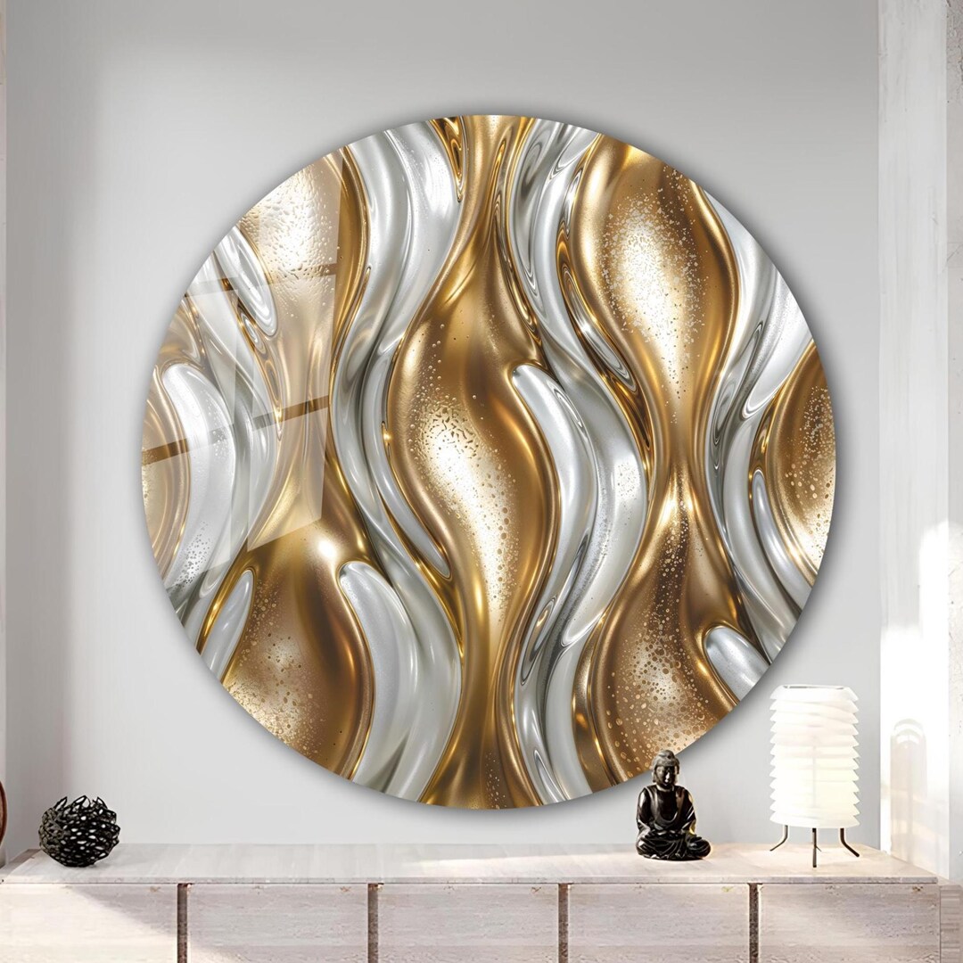 Gold and Ivory Marble Round Glass Wall Art, Modern Luxury Wall Decor ...